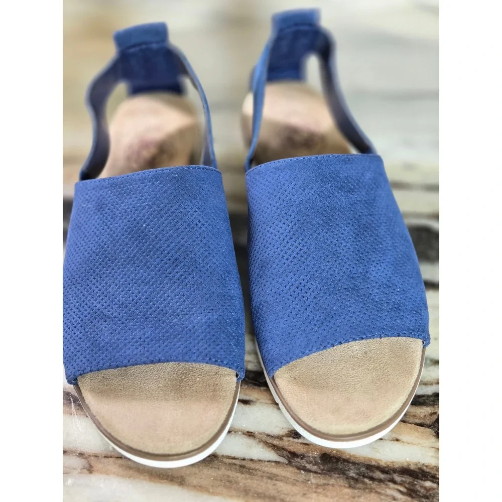 Hokus Pokas Kacie Navy Blue Perforated Slingback Sandals 7M Nautical Coastal